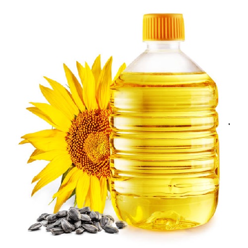 Bottle of sunflower oil, sunflower and seeds isolated on white background. The most popular of vegetable oils.